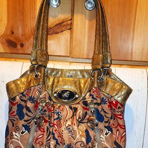 BOHO PRINT SLING BAG brown teal and red alligator style trim and bottom like new